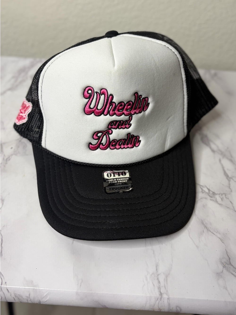 OTTO Black & White Trucker Hat with Pink 'Wheelin and Dealin' Embroidery